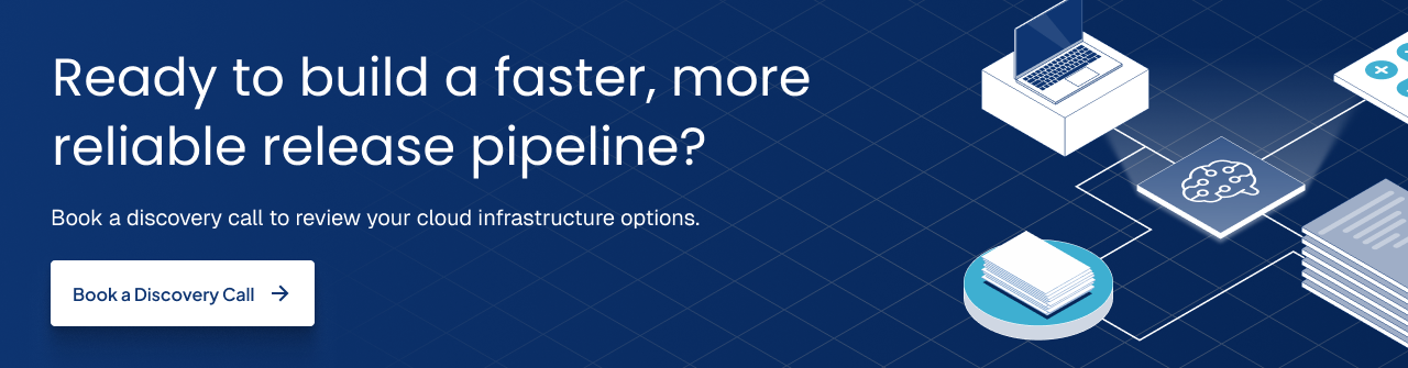 Ready to build a faster, more reliable release pipeline?" featuring cloud infrastructure graphics and a "Book a Discovery Call" button.